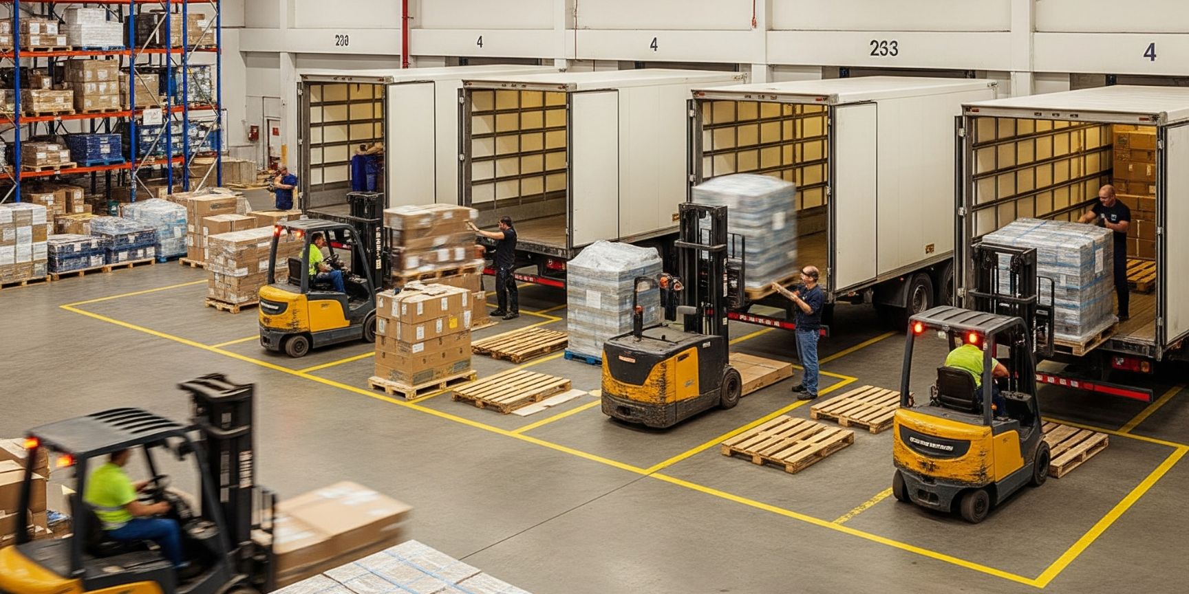 The loading process in a modern logistics property: A busy warehouse with several loading ramps where forklifts load pallets onto trucks